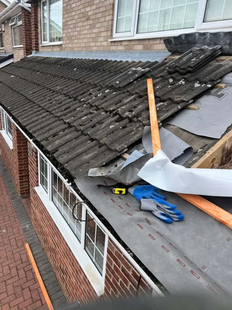 This is a photo of a pitched roof which is being repaired. The existing roof was leaking badly. Works carried out by Ely Roofing Repairs